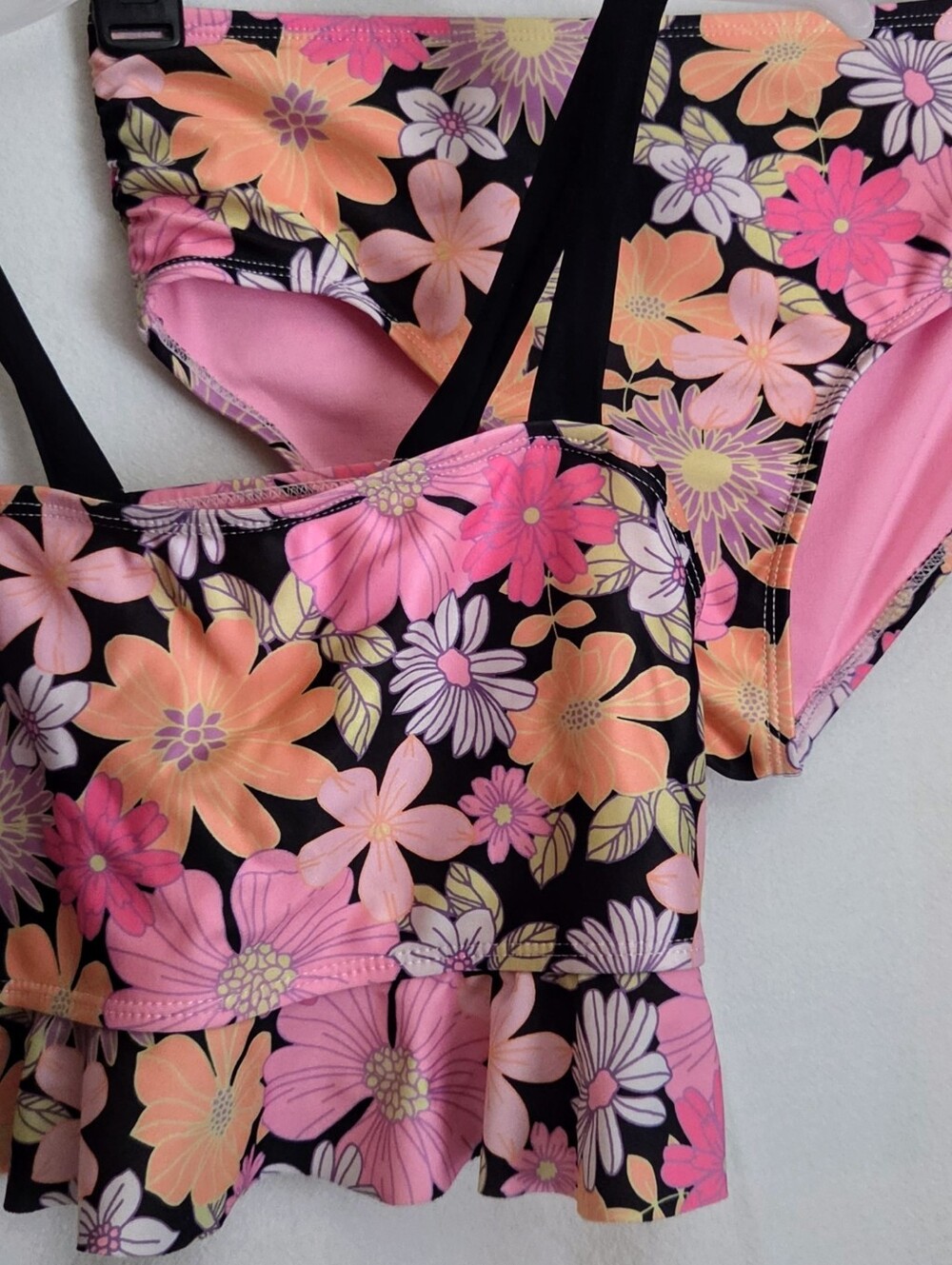 Teen Girls Size 10-12 Floral Pink & Peach High Waist Two-Piece Swim Set